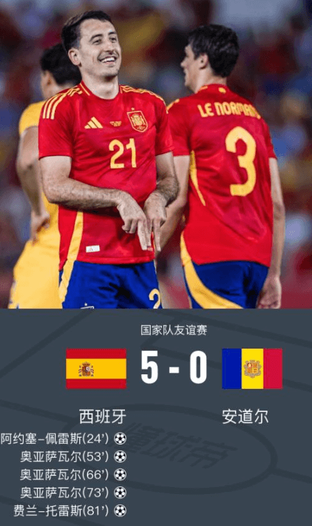 奧亞薩瓦爾帽子戲法助西班牙友誼賽5-0擊敗安道爾